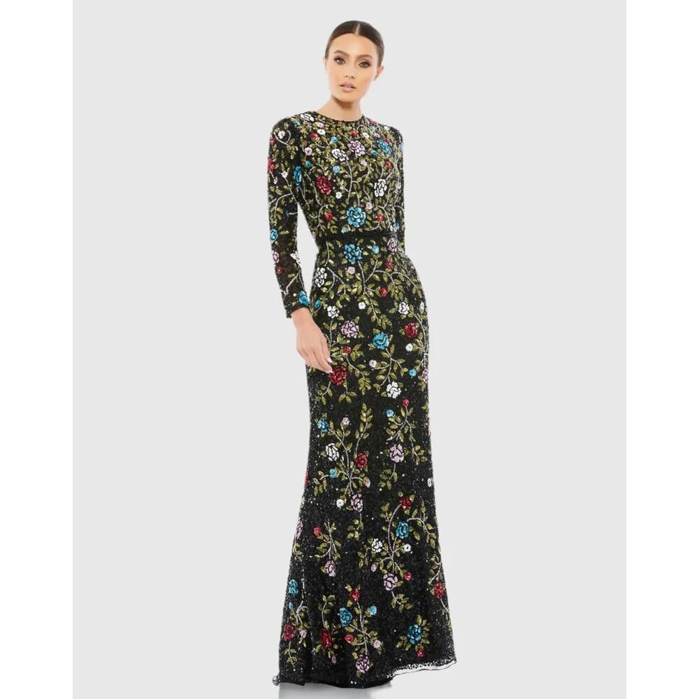Black floral embellished long sleeve gown. Absolutely AMAZING!!!!!! Size 4